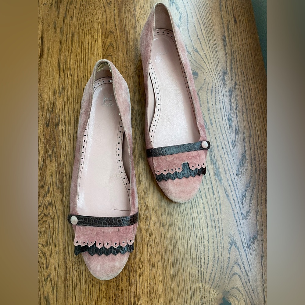 Made in Brazil vintage Hilfiger Blush Pink Suede Fringe Loafers with croc trim